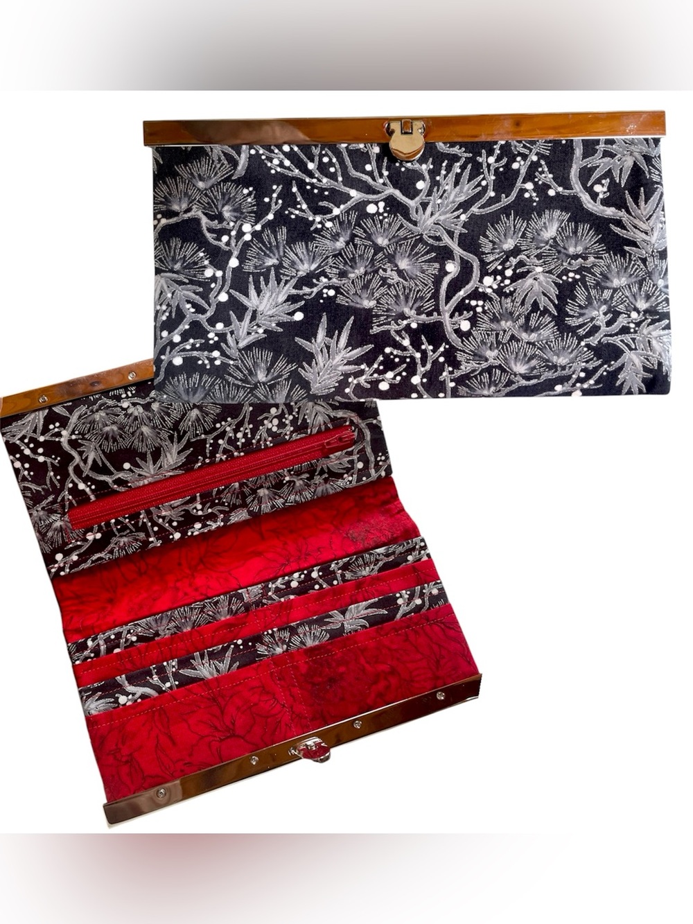 Lovely Slim Clutch Wallet Sparkling Floral On Black Skillfully Handmade